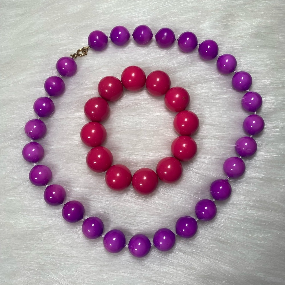 Vintage Chunky Round Plastic Beaded Necklace Bracelet Jewelry Purple Pink